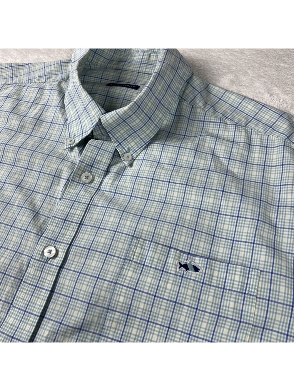 Fish Hippie Plaid Button Down Shirt Men XL Blue Green Yellow 100% Cotton Coastal